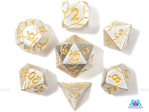 Static Shock | Pearl Silver with Yellow Gold Electric Lightning Bolt Cracks Large Metal Dice Set (7) | D&D | Game Dice