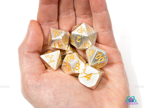 Static Shock | Pearl Silver with Yellow Gold Electric Lightning Bolt Cracks Large Metal Dice Set (7) | D&D | Game Dice