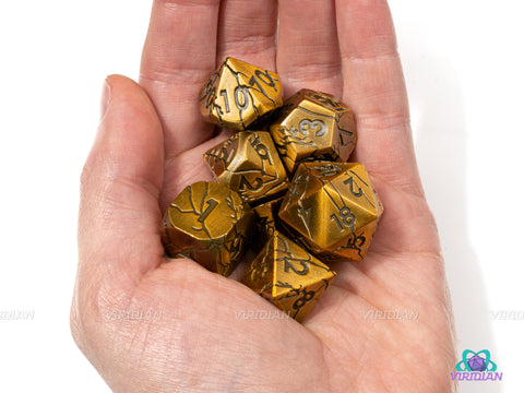 Midas' Touch | Gold with Cracks Large Metal Dice Set (7) | Dungeons and Dragons (DnD) | Tabletop RPG Gaming