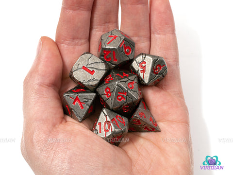 City of Iron | Silver with Cracks Large Metal Dice Set (7) | Dungeons and Dragons (DnD) | Tabletop RPG Gaming