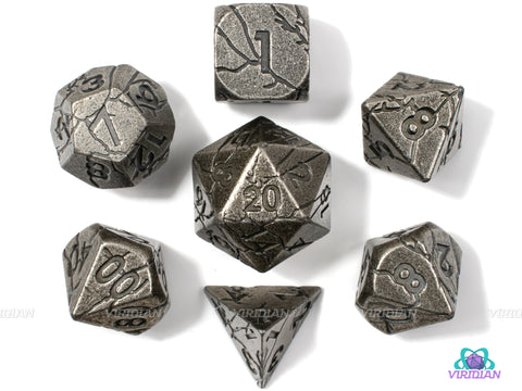 Argynvostholt | Silver with Cracks Large Metal Dice Set (7) | Dungeons and Dragons (DnD) | Tabletop RPG Gaming