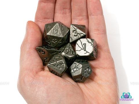 Argynvostholt | Silver with Cracks Large Metal Dice Set (7) | Dungeons and Dragons (DnD) | Tabletop RPG Gaming