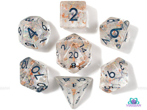 Gatsby Party | Glittery Flakes with Copper Foil Clear Resin Dice Set (7)
