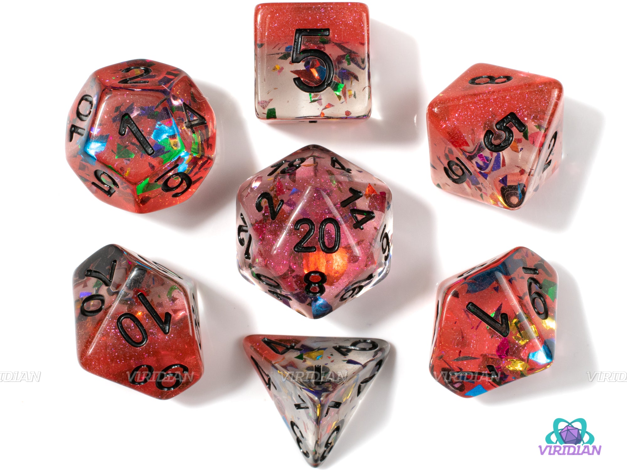 Red Fanfare | Rainbow Glittery Flakes, Red & Translucent Layered | Resin Dice Set (7) |