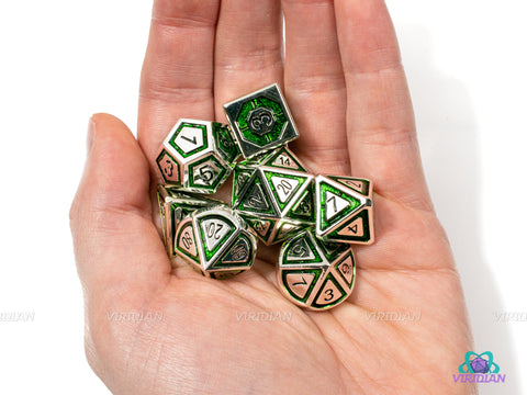 Glyph of Warding | Silver & Green Metal Dice Set (7) | Dungeons and Dragons (DnD) | Tabletop RPG Gaming