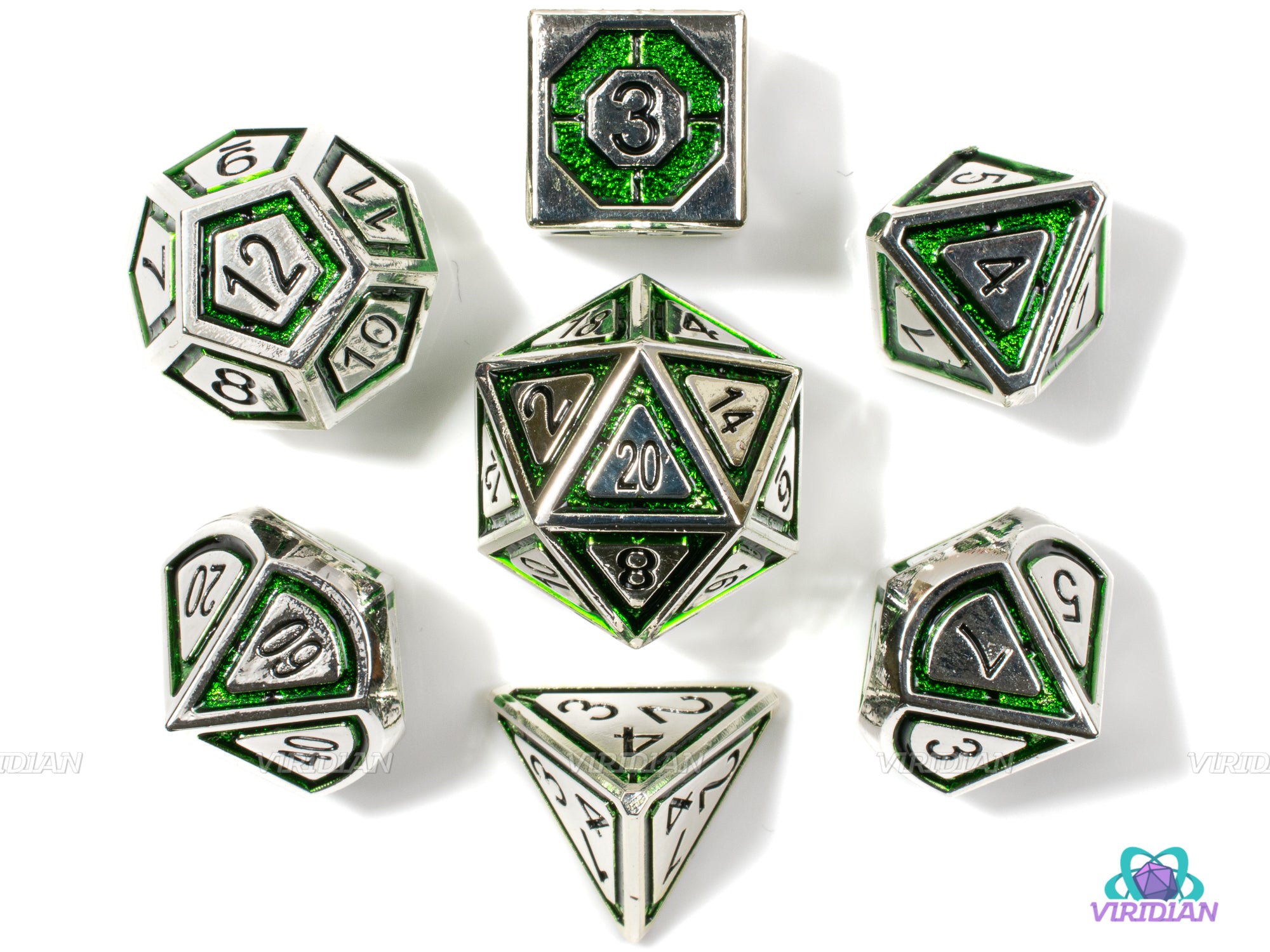 Glyph of Warding | Silver & Green Metal Dice Set (7) | Dungeons and Dragons (DnD) | Tabletop RPG Gaming