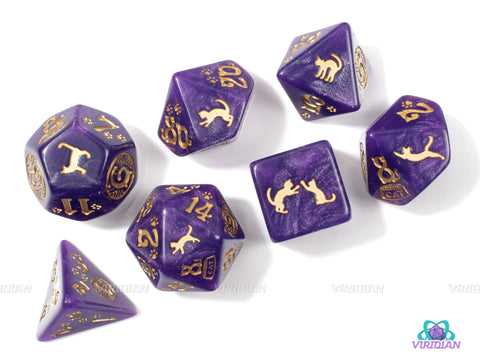 Cats: Purrito | Cat-Themed Glittery Purple & Gold | Arcylic Dice Set (7) | Q-Workshop