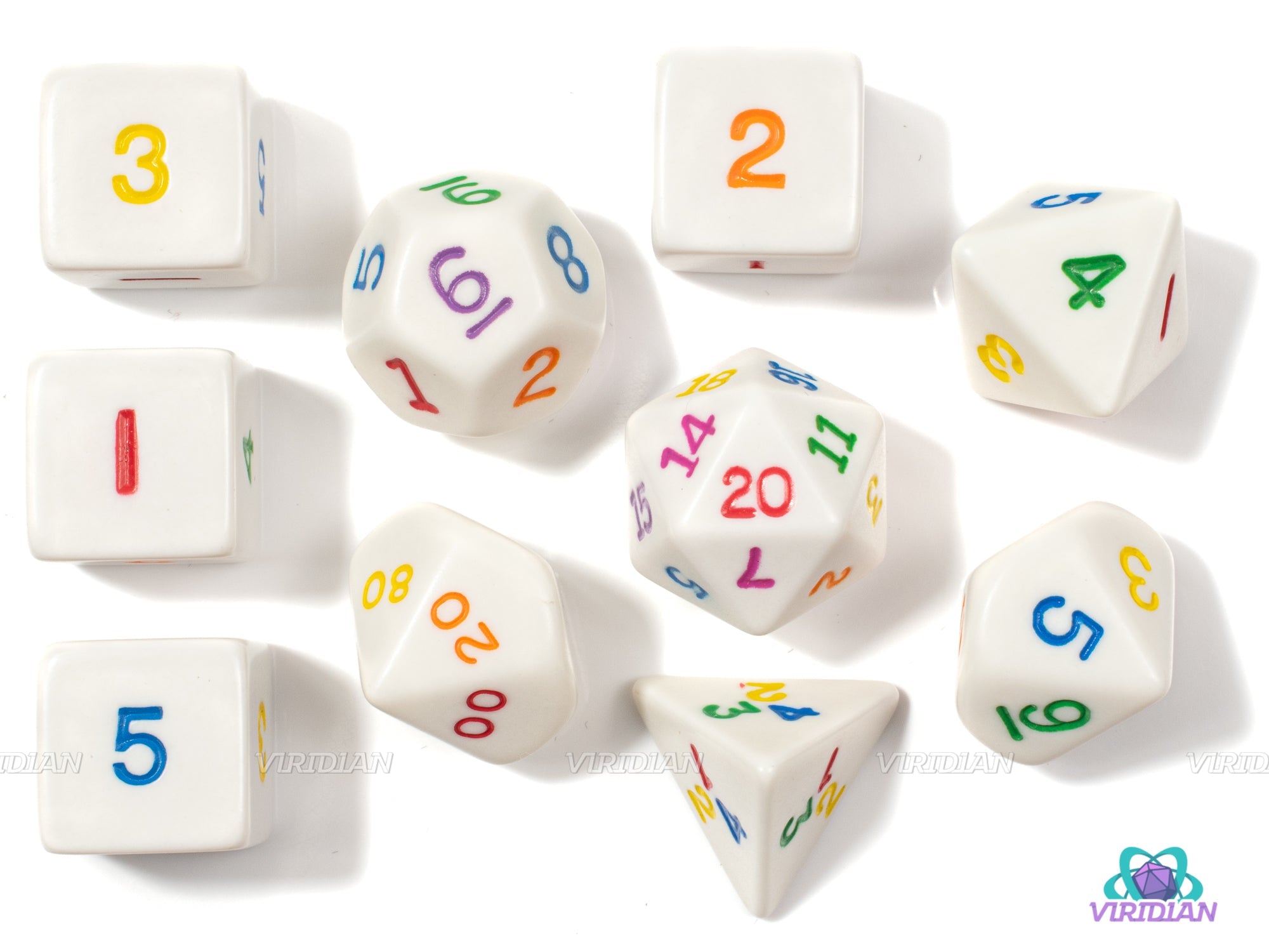 Rainbow Polyhedral (Set of 10)  | Opaque White and Rainbow Ink | Acrylic Dice Set (10) | Koplow