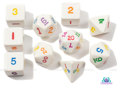 Rainbow Polyhedral (Set of 10)  | Opaque White and Rainbow Ink | Acrylic Dice Set (10) | Koplow