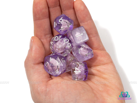 Baby Triceratops | Dinosaur Charm Inside Clear Resin Dice Set (7) | Dungeons and Dragons (DnD)