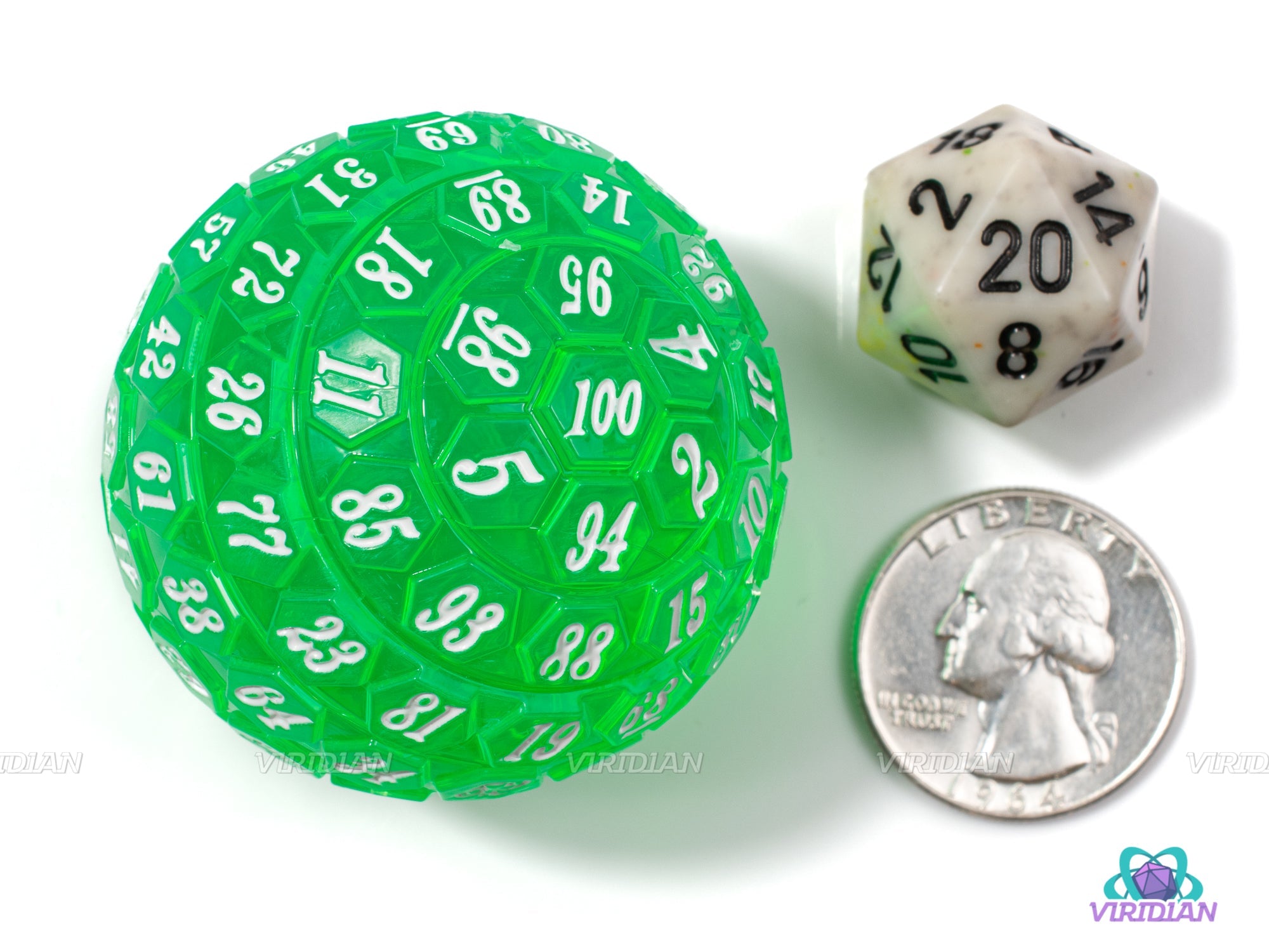 Green & White D100 | Translucent 45mm Giant Acrylic Die (1)