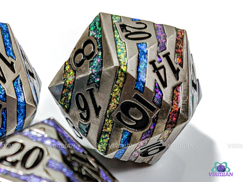 Rainbow Stripes Chonk D20 | Brushed Silver, Multi Colored Mica Stripes | 33mm Oversized Metal D20 (1)