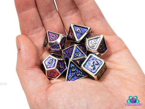 Colors of the Wind (Color-Shift) | Blue -> Purple -> Magenta & Silver Iridescent Mica | Polyhedral Metal Dice Set (7)