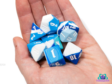 Winterfresh (Silicone) | Striped/Ocean Camo Blue, White, & Teal Layered Sharp Edge | Slightly Oversized, Bouncy | Silicone Dice Set (7)
