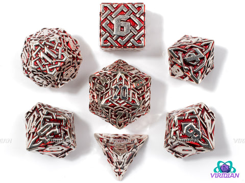 Knots (Silver & Red) | Silver with Red Enamel, Ornate Interweaved Celtic Knots Design | Metal Dice Set (7)