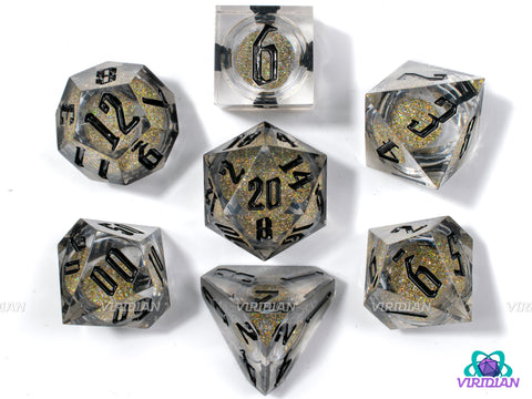 Glistening Sands (Liquid Core) | Clear, Sharp Edged, with Gold Glitter | Resin Dice Set (7)