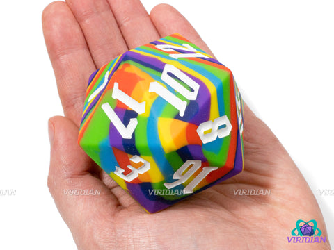 Squish The Rainbow (Silicone) | 55mm, Multi-Color Rainbow w White Numbers, Rubber Silicone, Bouncy | Giant D20 Die (1)