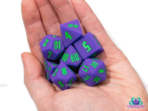 The Joker (Silicone) | Purple with Green Numbers, Sharp-ish Edge, Bouncy | Silicone Dice Set (7)