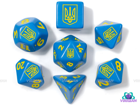 Trident of Ukraine | Blue & Yellow Ukrainian Coat of Arms Charity Dice | Acrylic Set (7) | Q Workshop & Desmond Blackstone