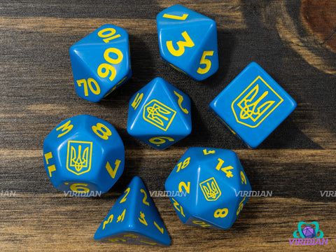 Trident of Ukraine | Blue & Yellow Ukrainian Coat of Arms Charity Dice | Acrylic Set (7) | Q Workshop & Desmond Blackstone