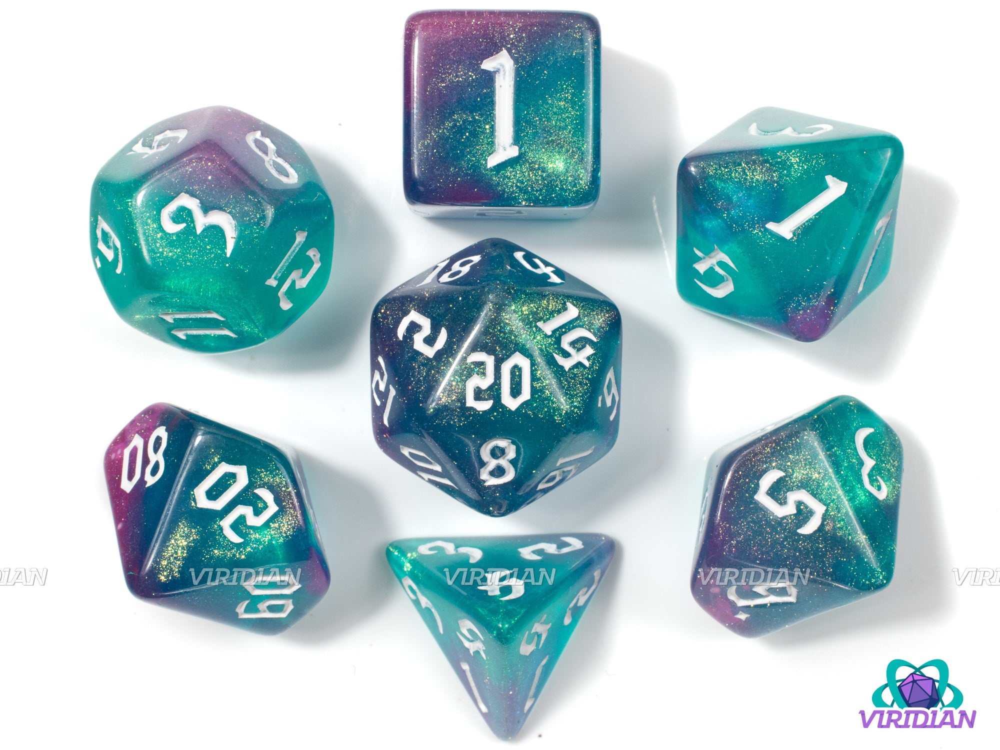 Techno Arcana | Green, Purple & Gold Glitter Acrylic Dice Set (7) | Dungeons and Dragons (DnD)