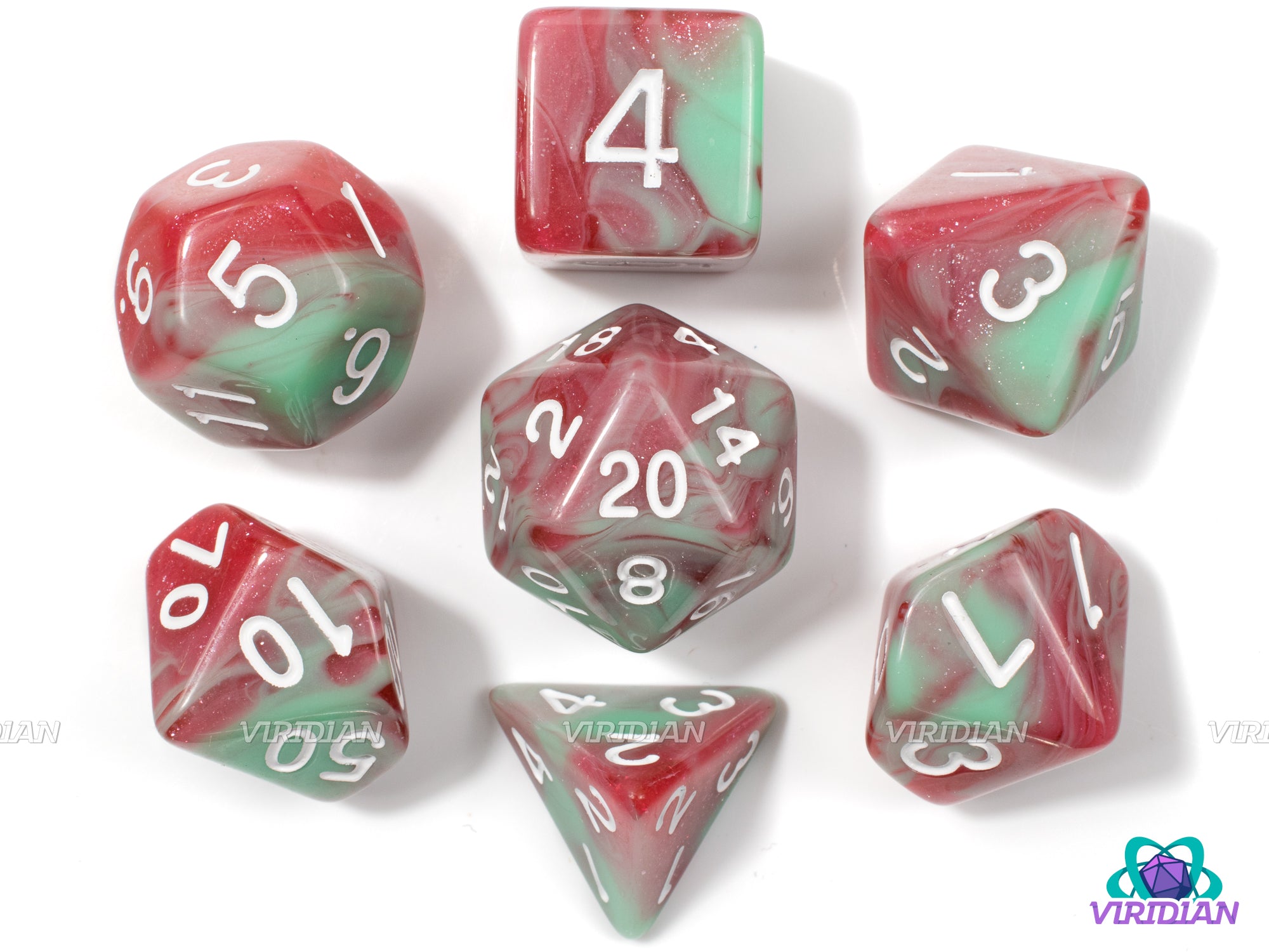 Watermelon Squeeze | Red & Green Glitter Acrylic Dice Set (7) | Dungeons and Dragons (DnD)