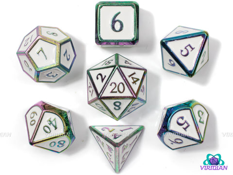 Eternal Light | White Enamel, Rainbow Accented Metal Dice Set (7) | Dungeons and Dragons (DnD) | Tabletop RPG Gaming