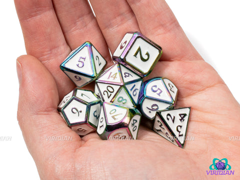 Eternal Light | White Enamel, Rainbow Accented Metal Dice Set (7) | Dungeons and Dragons (DnD) | Tabletop RPG Gaming