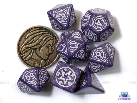 Yennifer Lilac and Gooseberries | The Witcher Purple & White Dice Set (7) | Q Workshop