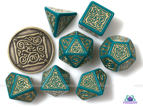 Triss (The Beautiful Healer) | Q-Workshop/Witcher-Themed Dice Set (7) | Teal & Gold w Coin