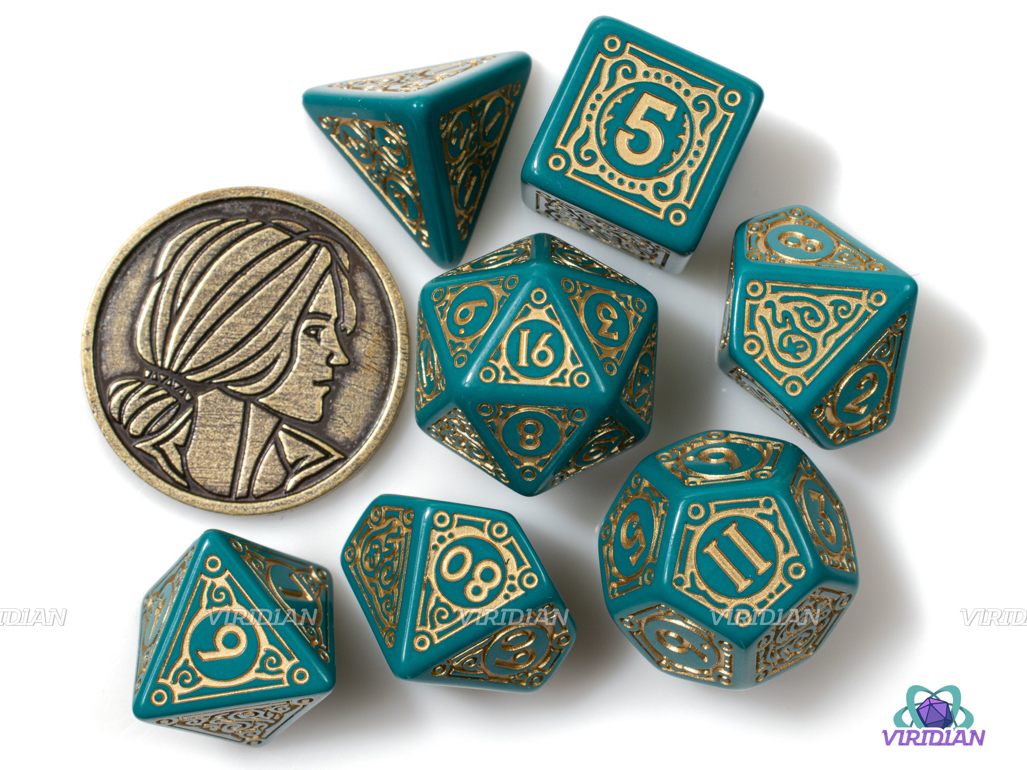 Triss (The Beautiful Healer) | Q-Workshop/Witcher-Themed Dice Set (7) | Teal & Gold w Coin