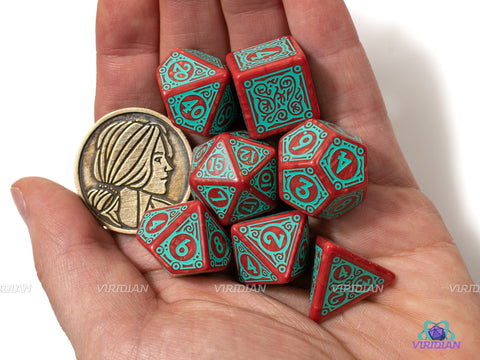 Triss Merigold (The Fearless) | Q-Workshop/Witcher-Themed Dice Set (7) | Teal & Maroon w Coin