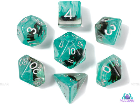 Water Spider | Arachnid Inside Translucent Aqua Teal | Polyhedral Resin Dice Set (7) | Dungeons and Dragons (DnD)