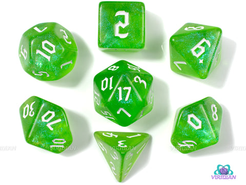 Radiation | Light Atomic Green & Lime with Glittery Swirls | Gothica Font | Acrylic Dice Set (7) | Dungeons and Dragons (DnD)