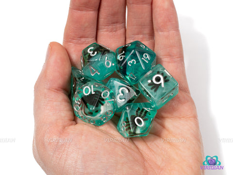Water Spider | Arachnid Inside Translucent Aqua Teal | Polyhedral Resin Dice Set (7) | Dungeons and Dragons (DnD)