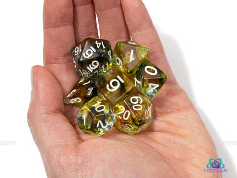 Druidcraft | Green, Yellow, Brown Swirls, Clear Resin Dice Set (7) | Dungeons and Dragons (DnD)