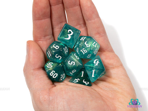 Oasis | Green, Blue, Teal Swirly Glitter | Gothica Font | Resin Polyhedral Dice Set (7) | Dungeons and Dragons (DnD)