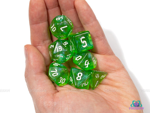 Radiation | Light Atomic Green & Lime with Glittery Swirls | Gothica Font | Acrylic Dice Set (7) | Dungeons and Dragons (DnD)