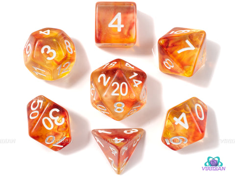 Scorching Ray | Red, Orange and Yellow Swirls, Clear | Resin Dice Set (7) | Dungeons and Dragons (DnD)