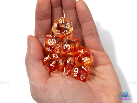 Scorching Ray | Red, Orange and Yellow Swirls, Clear | Resin Dice Set (7) | Dungeons and Dragons (DnD)