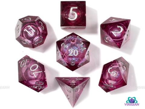Sangria | Liquid-Filled Core Dark Pink Maroon Sharp-Edged | Resin Polyhedral Dice Set (7)