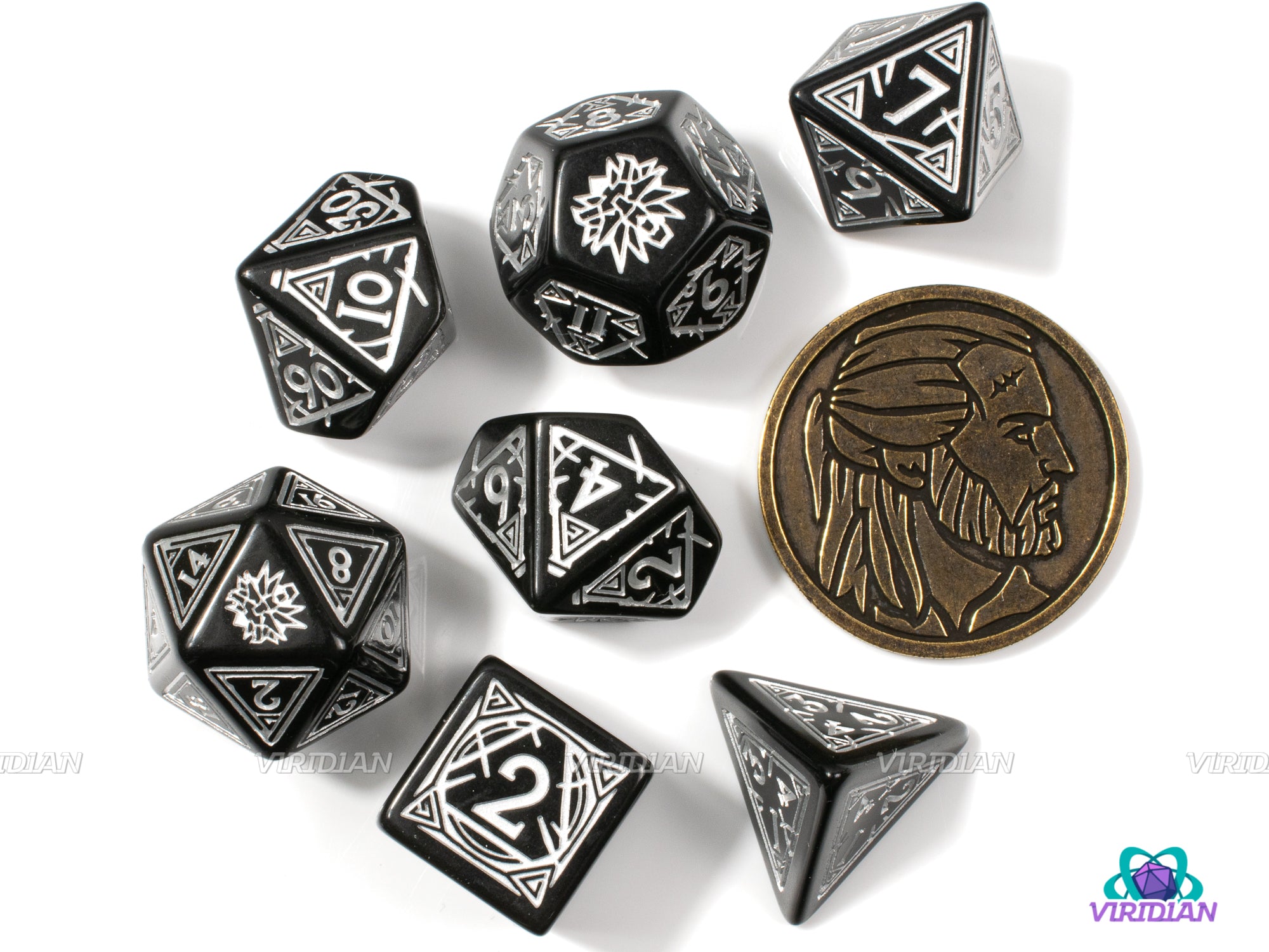 Geralt (The Silver Sword) | Q-Workshop/Witcher-Themed Dice (7) | Black & Silver