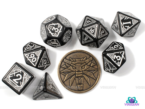 Geralt (The Silver Sword) | Q-Workshop/Witcher-Themed Dice (7) | Black & Silver