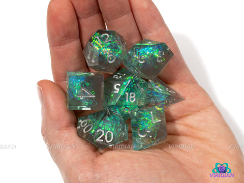 Glacier Freeze | Sharp-Edged Holographic Film | Clear Translucent Gray, Blue, Teal, Gold Glittery Resin Dice Set (7)