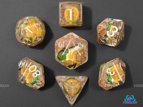 Krabby Patties | Hamburger and Tan Swirls Inside Clear Resin Dice Set (7) | Dungeons and Dragons (DnD)