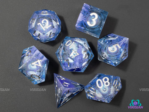 Blue Lotus (B-Grade) | Liquid-Filled Core Light Blue w Purple Tendrils Sharp-Edged | Resin Dice Set (7)