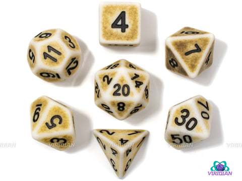 Whitestone | White, Tan, Off-Green Worn Acrylic Dice Set (7) | Dungeons and Dragons (DnD)