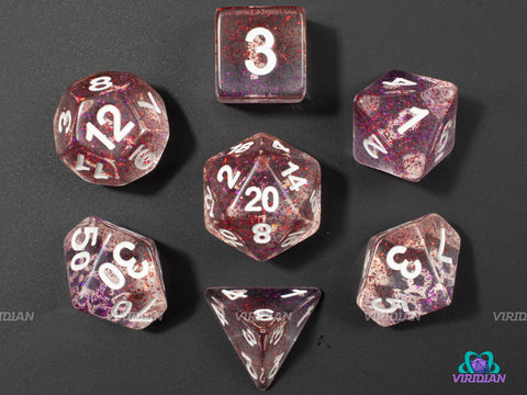 Cherry Ice | Clear with Red and Purple Speckles Acrylic Dice Set (7) | Dungeons and Dragons (DnD)