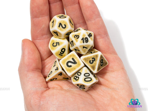 Whitestone | White, Tan, Off-Green Worn Acrylic Dice Set (7) | Dungeons and Dragons (DnD)