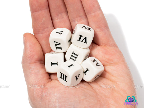 Roman Numerals (Set of 6) | 16mm Acrylic Roman Numeral Numbered D6 Dice (6) | Koplow